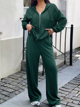 Casual Drawstring Zip Up Hoodie and Wide Leg Pants Set Dark Green OutfitFlow
