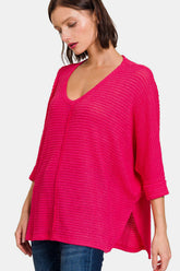 Zenana V-Neck High-Low Jacquard Knit Top Viva Magenta OutfitFlow