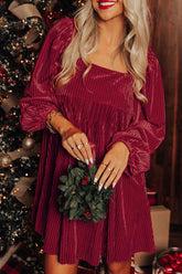 Square Neck Long Sleeve Mini Dress Burgundy OutfitFlow