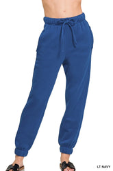 Zenana Fleece Drawstring Joggers With Pocket LT NAVY OutfitFlow