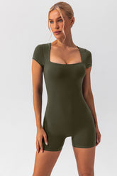 Square Neck Cap Sleeve Active Romper Matcha Green OutfitFlow
