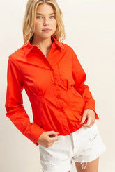 HYFVE Long Sleeve Pleated Waist Poplin Shirt RED OutfitFlow