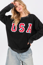 SAGE + FIG USA Letter Patch Round Neck Sweatshirt Black OutfitFlow