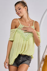 BiBi Front Crochet Lace Adjustable Strap Top Lime OutfitFlow