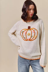SO ME Pumpkin Floral Embroidered Thanksgiving Sweater IVORY OutfitFlow