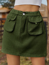 Pocketed Elastic Waist Denim Skirt Dark Green OutfitFlow