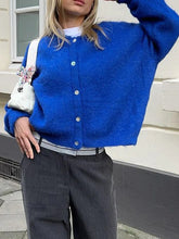 Button-Up Cropped Sweater Cardigan Blue OutfitFlow