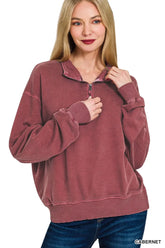 Zenana F/terry Pigment Dye & Enzyme Washing Half Zip Top CABERNET OutfitFlow