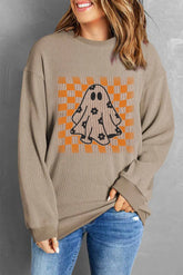 Ghost Round Neck Long Sleeve Sweatshirt Mocha OutfitFlow