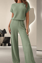 Round Neck Short Sleeve Jumpsuit Sage OutfitFlow