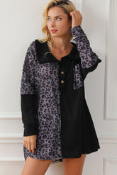 Half Button Leopard Collared Neck Blouse Black OutfitFlow