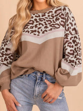 Leopard Color Block Knit Round Neck Baggy Sweater Camel OutfitFlow