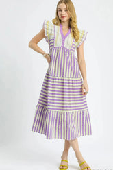 Umgee Striped Ruffle Cap Sleeve Midi Dress Heliotrope Purple OutfitFlow