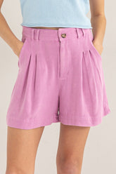 HYFVE High Waist Pleated Linen Shorts Pink OutfitFlow