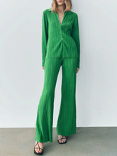 Texture Long Sleeve Top and Pants Lounge Set Green OutfitFlow