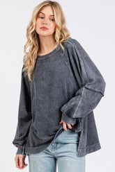 Mittoshop Mineral Wash Raglan Long Sleeve Oversized Top Titanium OutfitFlow