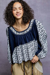 POL Paisley Scoop Neck Balloon Sleeve Cropped Blouse with Stud Detail INDIGO OutfitFlow