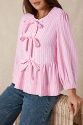 Tied Bow Striped Round Neck Blouse Blush Pink S OutfitFlow
