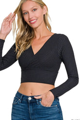 Zenana Ribbed Surplus Waist Band Long Sleeve Top BLACK OutfitFlow