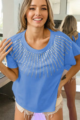 BiBi Rhinestone Beaded Short Sleeve Top CORNFLOWER BLUE OutfitFlow