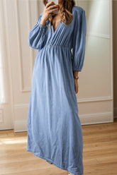 Tied Plunge Three-Quarter Sleeve Denim Dress Light OutfitFlow