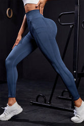 Wide Waistband High Waist Active Leggings Dark Blue OutfitFlow