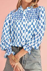 Frill Printed Button Up Long Sleeve Shirt White OutfitFlow