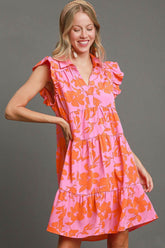 Umgee Full Size Floral Print Ruffle Cap Sleeve Tiered Dress Plus Size PINK ORANGE OutfitFlow