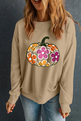Pumpkin & Flower Graphic Long Sleeve Sweatshirt Khaki OutfitFlow