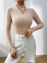 Lace Detail Mock Neck Long Sleeve Sweater Dust Storm OutfitFlow