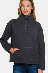 Zenana Turtleneck Half Snap Fleece Sweatshirt Black OutfitFlow
