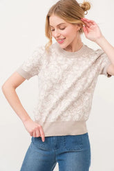 And The Why Short Sleeve Rose Pattern Knit Top Taupe OutfitFlow