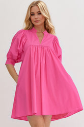 Oh Frill Notched Puff Sleeve Babydoll Mini Dress Hot Pink OutfitFlow