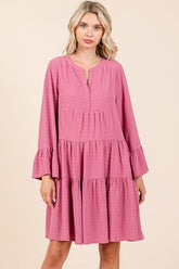 Mittoshop Tiered Notched Flare Sleeve Dress Rose OutfitFlow