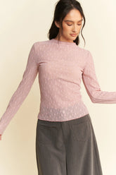 Davi & Dani Long Sleeve Sheer Small Embroidered Bows Lace Top DUSTY PINK OutfitFlow