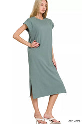 Zenana Round Neck Side Slit Midi Dress ASH JADE OutfitFlow