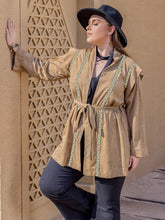 Plus Size Long Sleeve Tie Waist Cardigan Camel OutfitFlow