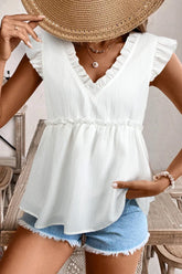 Ruffled Trim V Neck Flutter Flowy Top White OutfitFlow