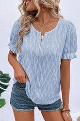 Texture Notched Short Sleeve Blouse Cerulean OutfitFlow