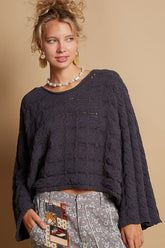 POL Round Neck Cable Knit Cropped Sweater Charcoal OutfitFlow