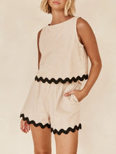 Contrast Trim Round Neck Tank and Shots Set Tan OutfitFlow