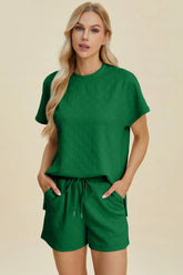 Double Take Full Size Texture Round Neck Short Sleeve Top and Shorts Set Dark Green OutfitFlow