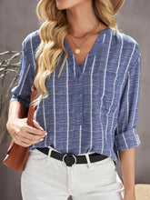 Striped Print V Neck Half Buttons Loose Blouse Dusty Blue OutfitFlow