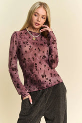Davi & Dani Floral Mesh Long Sleeve Sheer Layering Top BURGUNDY OutfitFlow