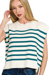 Zenana Oversized Crew Neck Stripe Sweater Vest TEAL OutfitFlow