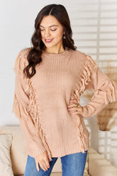 And The Why Tassel Detail Long Sleeve Sweater DUSTY PINK OutfitFlow