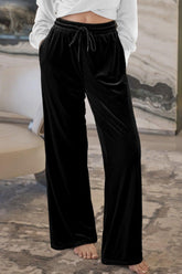 Drawstring Waist Wide Leg Active Pants Black OutfitFlow