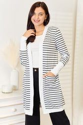 Double Take Striped Open Front Longline Cardigan White OutfitFlow