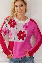 Flower Color Block Round Neck Sweater Hot Pink OutfitFlow