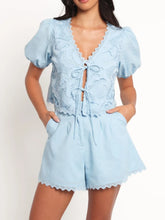 Lace Detail V-Neck Top and Shorts Set Light Blue OutfitFlow